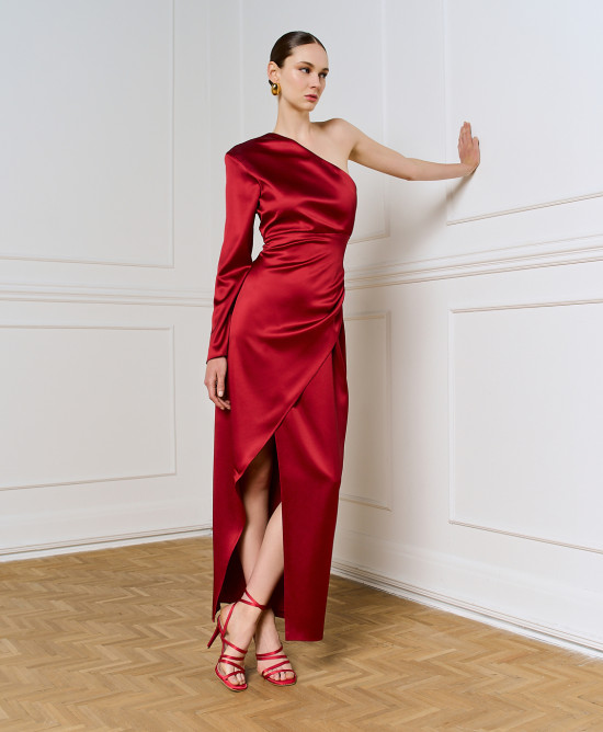 Mπορντώ φόρεμα σατέν με έναν ώμο ACCSPD001S