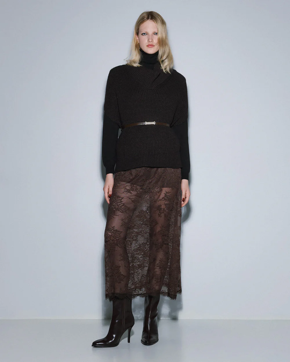 Καφέ Φούστα μάξι δαντέλα ACCSK003S/M