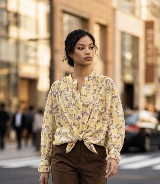 Floral πουκάμισο σε απαλό κίτρινο - μπεζ INS001O/S