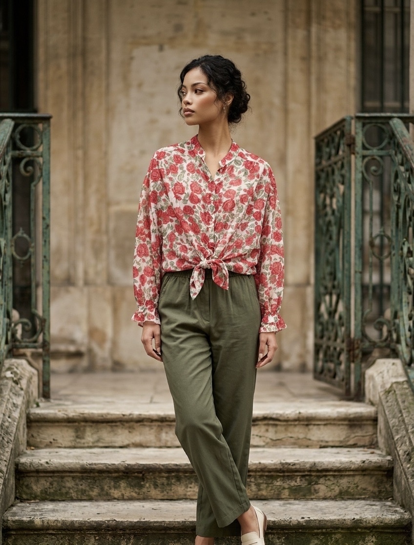 Floral πουκάμισο σε κόκκινο-χακί INS002O/S