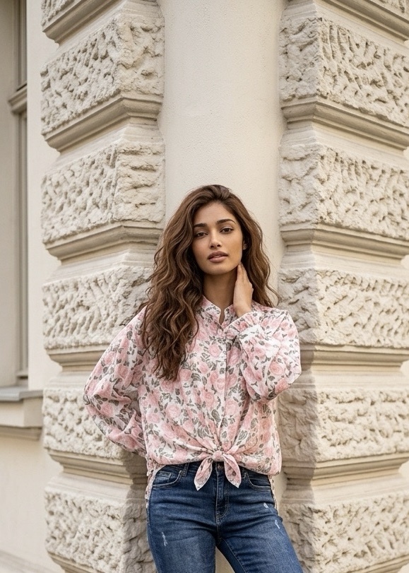 Floral πουκάμισο σε απαλό ροζ - μπεζ INS003O/s