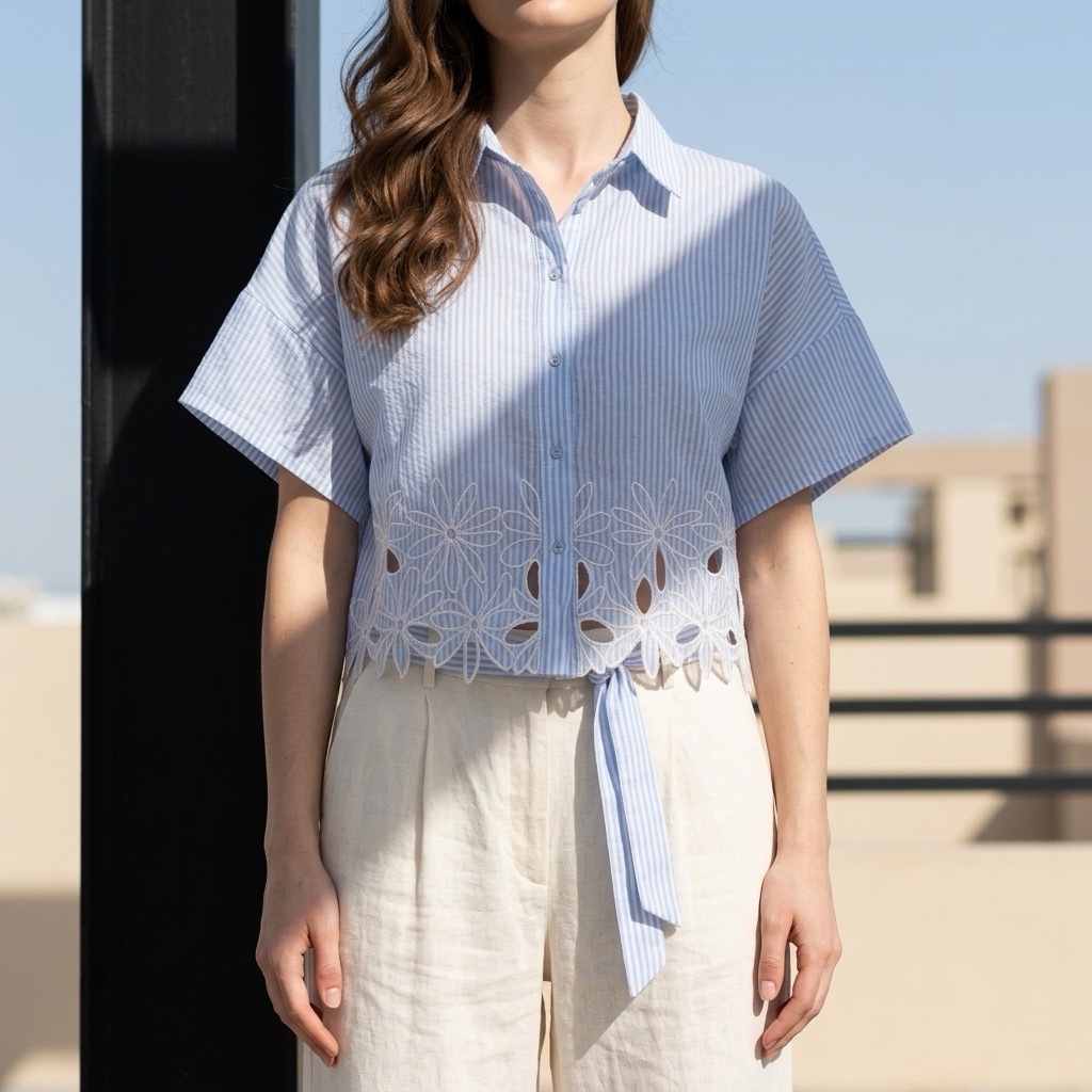 Ριγέ πουκάμισο με διάτρητο κέντημα INS006O/S