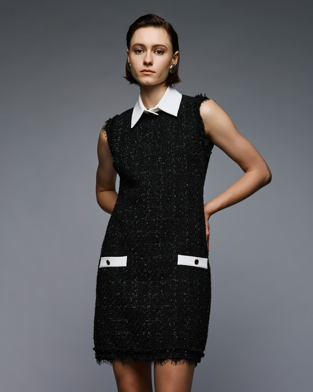 Mαύρο Mini Tweed Dress με Λευκές Λεπτομέρειες ACCD001S