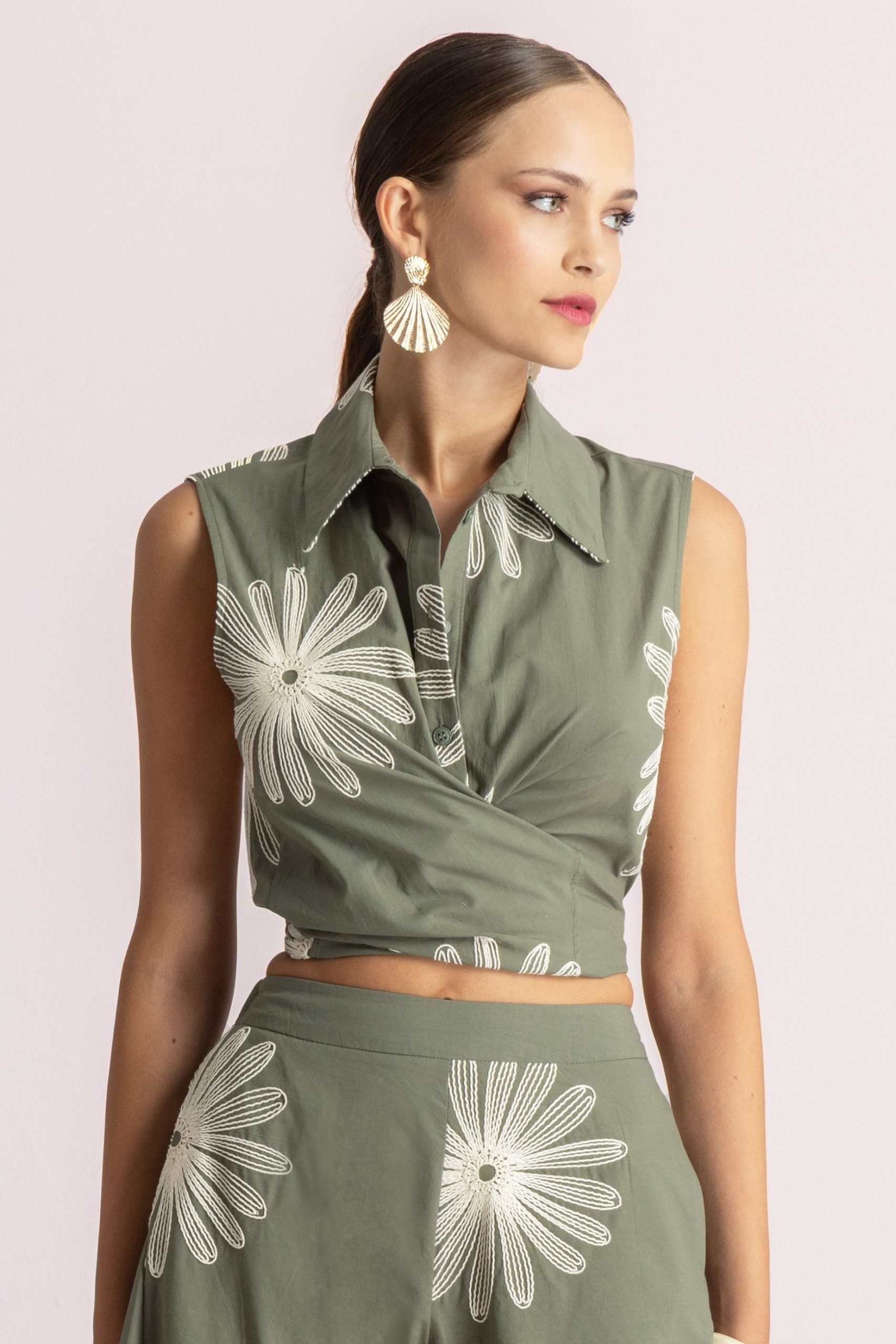 Xακί wrap top με κέντημα MOUTT001S/M